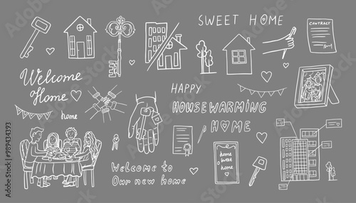 Set of housewarming. Home sweet home, welcome home, new home, happy house warming, house keys. Good for banner, posters, cards, professional design. Hand drawn. Doodle style