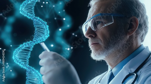 Doctor analyzing DNA strand in laboratory, futuristic background.