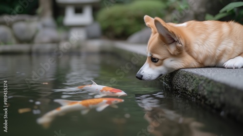 日本の静かな池のそばで鯉を眺める好奇心旺盛なコーギー photo