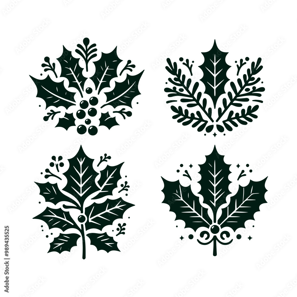 A set of Christmas Holly decorations with a green leaf silhouette vector art illustration isolated on a white background A set of Christmas Holly decorations with a green leaf silhouette vector art illustration isolated on a white background