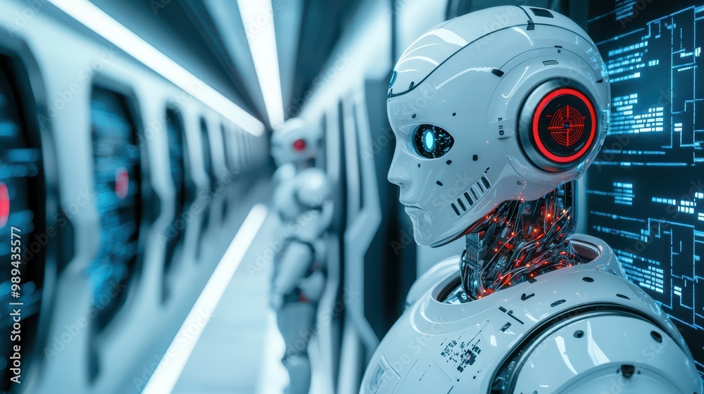 Futuristic humanoid robot with glowing features in a high-tech environment. Futuristic humanoid robot with glowing features in a high-tech environment.
