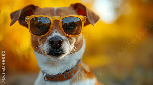 Dog Wearing Sunglasses in a Fall Setting - Photo