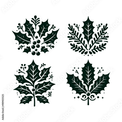 Wallpaper Mural A set of Christmas Holly decorations with a green leaf silhouette vector art illustration isolated on a white background Torontodigital.ca