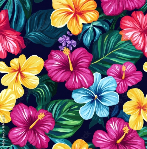 vibrant and colorful tropical floral pattern with various hibiscus flowers