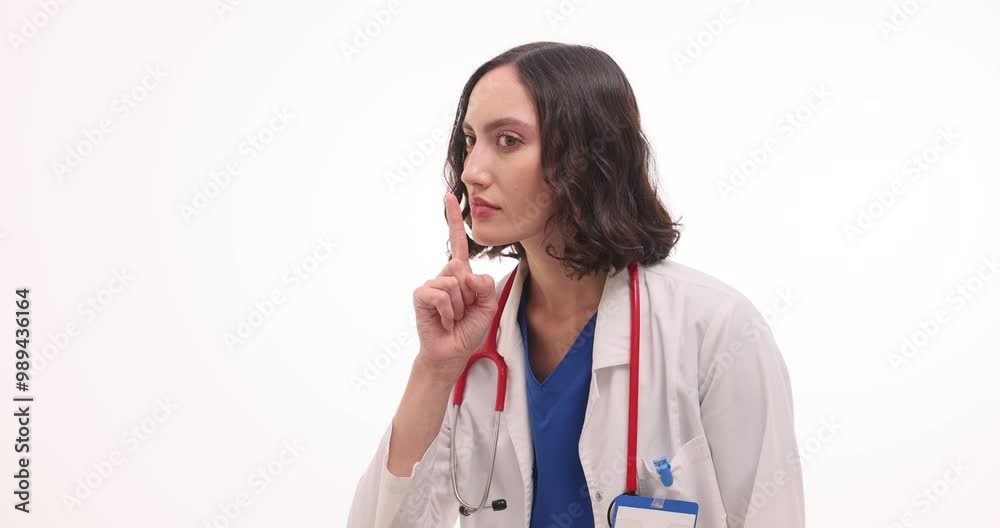 Woman doctor puts finger to mouth showing silence gesture on white background. Female medic with stethoscope asks patient to be quiet at appointment Woman doctor puts finger to mouth showing silence gesture on white background. Female medic with stethoscope asks patient to be quiet at appointment