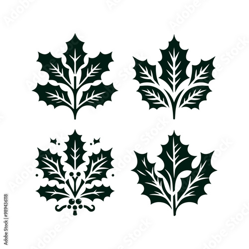 A set of Christmas Holly decorations with a green leaf silhouette vector art illustration isolated on a white background