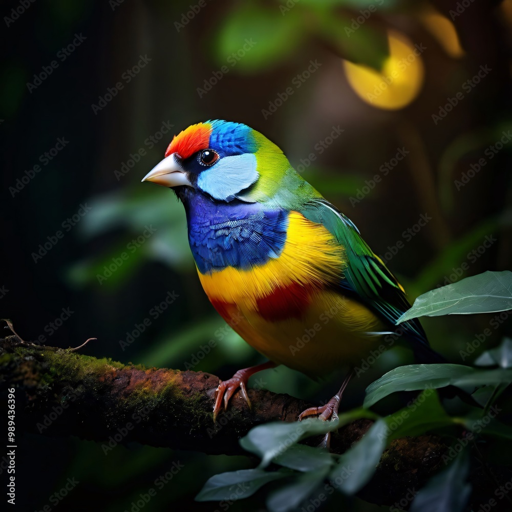 Obraz premium Gouldian-finch-bird-in-in-dark-forest