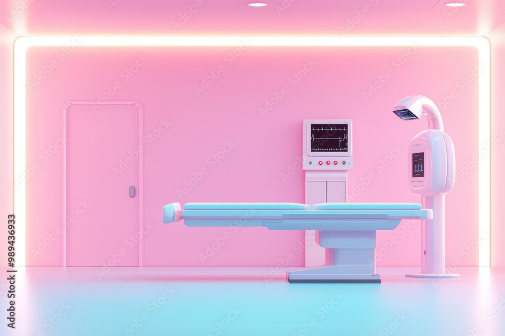 Modern medical room with advanced equipment, pink ambient lighting. Modern medical room with advanced equipment, pink ambient lighting.