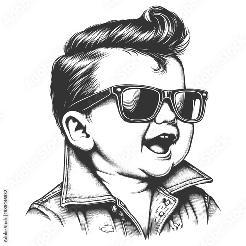 baby in sunglasses and pompadour hairstyle, playful and retro cool vibe with a rockabilly style sketch engraving generative ai vector illustration. Scratch board imitation. Black and white image.