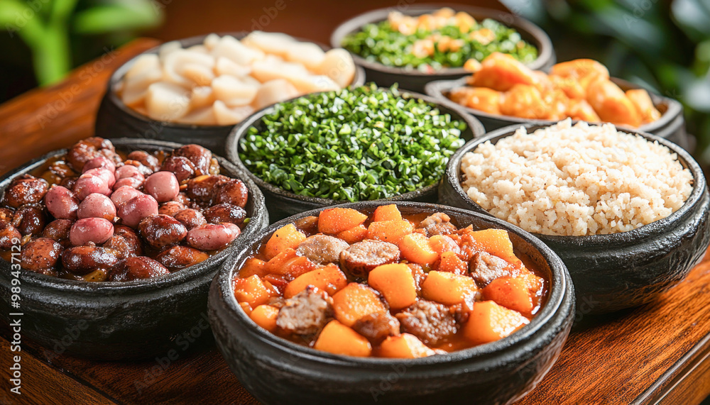 Brazilian food buffet showing traditional dishes being served in clay pots Brazilian food buffet showing traditional dishes being served in clay pots