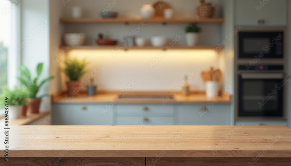 Wooden board empty table with kitchen blurred background Wooden board empty table with kitchen blurred background
