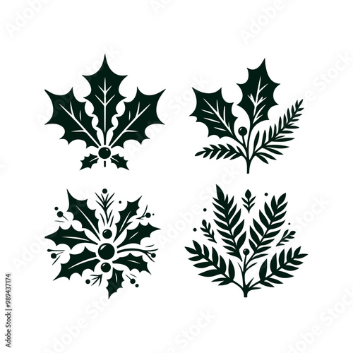 Wallpaper Mural A set of Christmas Holly decorations with a green leaf silhouette vector art illustration isolated on a white background Torontodigital.ca