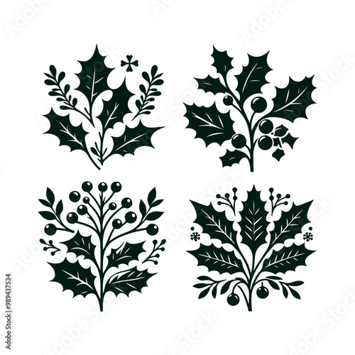 A set of Christmas Holly decorations with a green leaf silhouette vector art illustration isolated on a white background