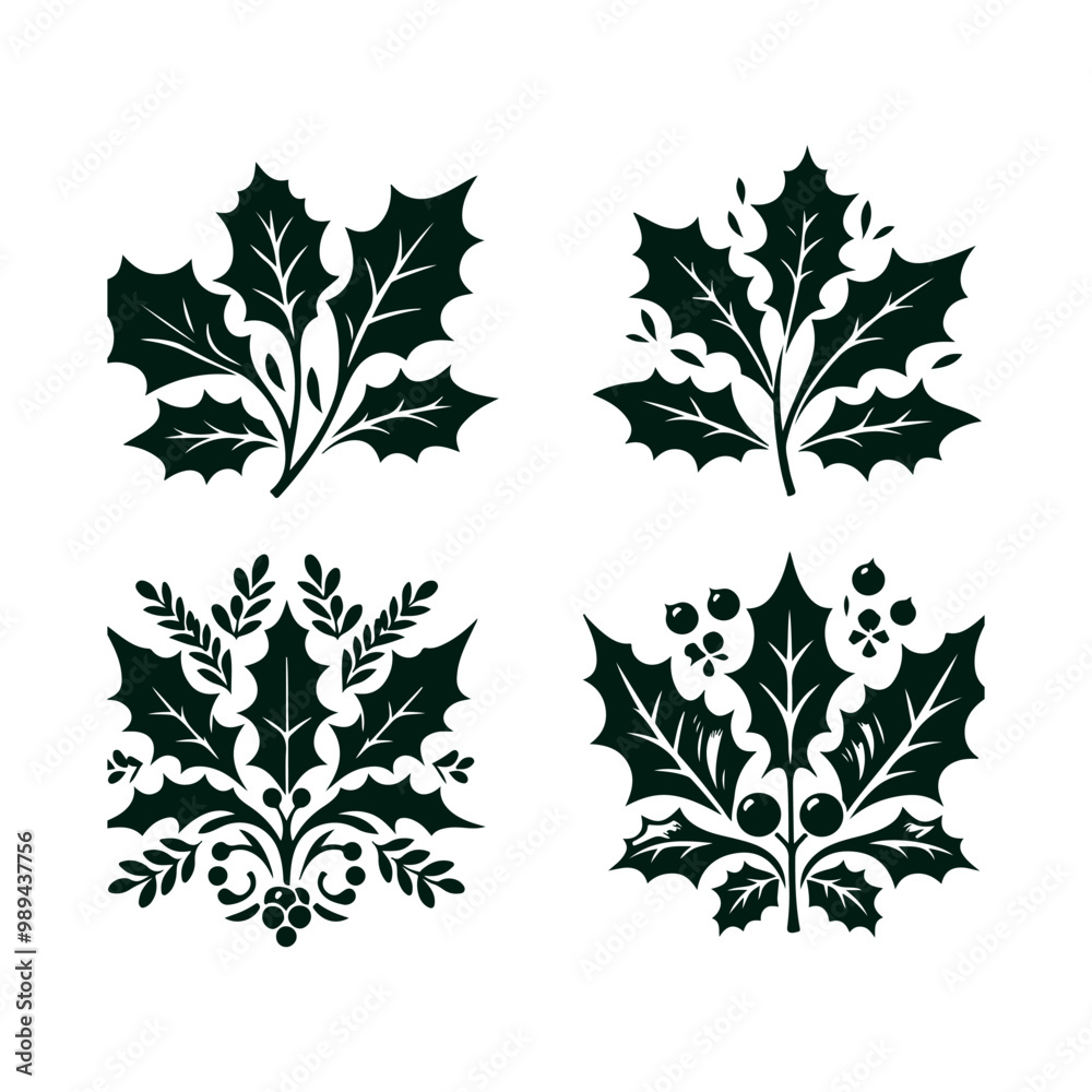 Fototapeta premium A set of Christmas Holly decorations with a green leaf silhouette vector art illustration isolated on a white background