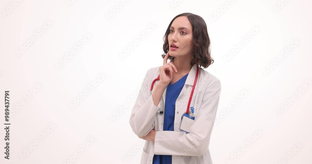 Thoughtful woman doctor expresses astonishment with idea on white background. Inspired female medic with stethoscope raises index finger Thoughtful woman doctor expresses astonishment with idea on white background. Inspired female medic with stethoscope raises index finger