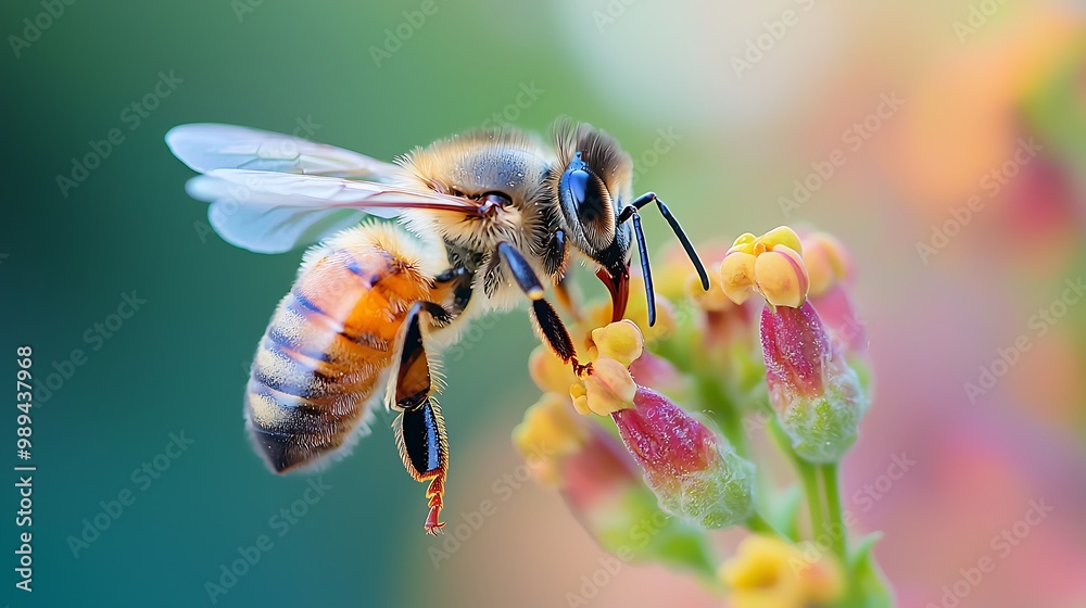 Vibrant Macro Shot of Bee on Flower with Detailed Wings in Bloom Vibrant Macro Shot of Bee on Flower with Detailed Wings in Bloom