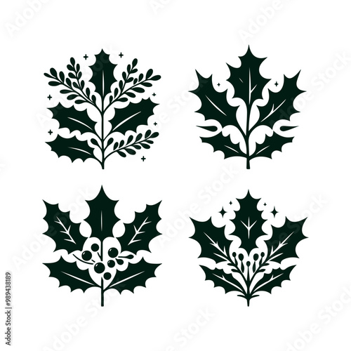 Wallpaper Mural A set of Christmas Holly decorations with a green leaf silhouette vector art illustration isolated on a white background Torontodigital.ca