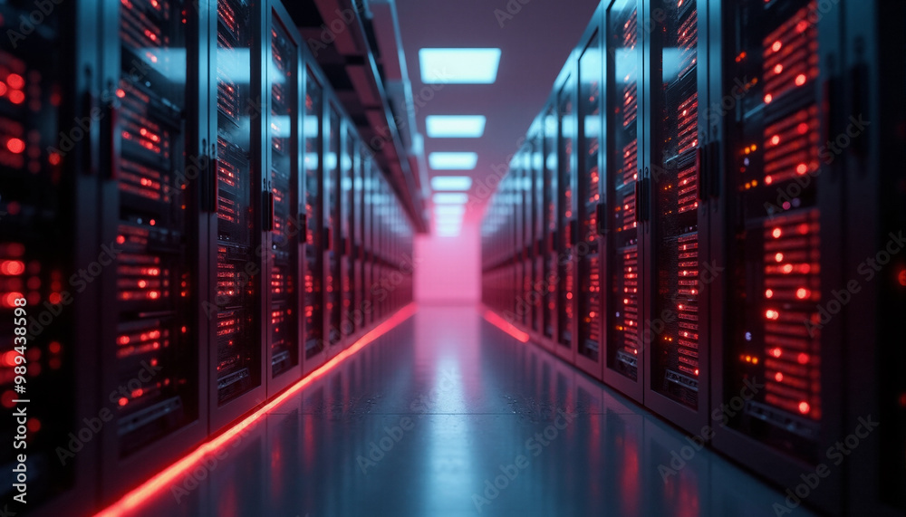 Data center with rows of servers and red/blue lighting. The tech space feels futuristic and dynamic with a dark, mysterious edge.