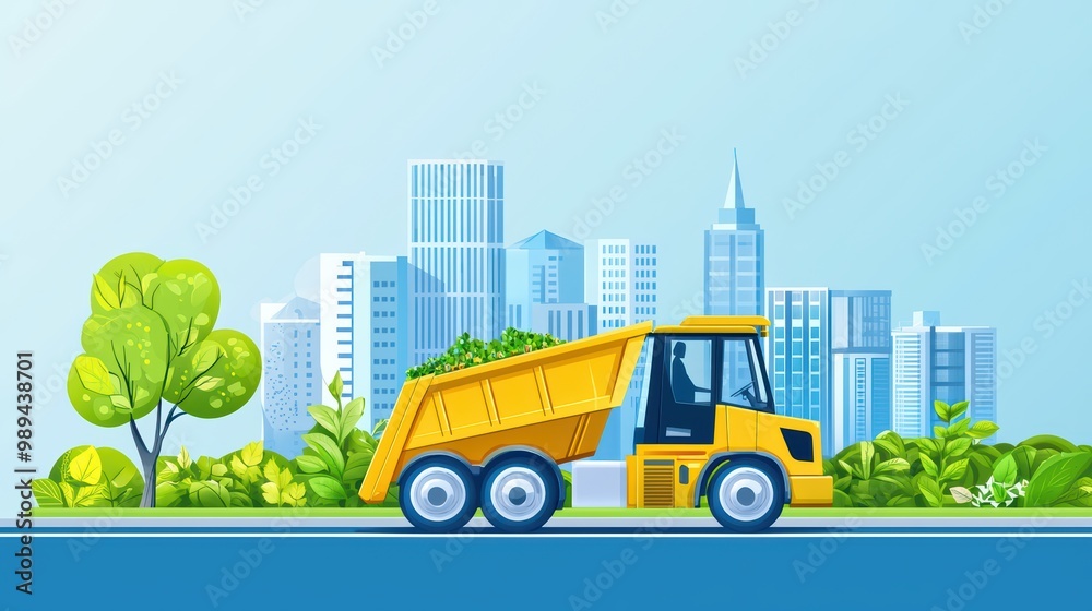 Yellow dump truck transporting greenery in a cityscape environment. Yellow dump truck transporting greenery in a cityscape environment.