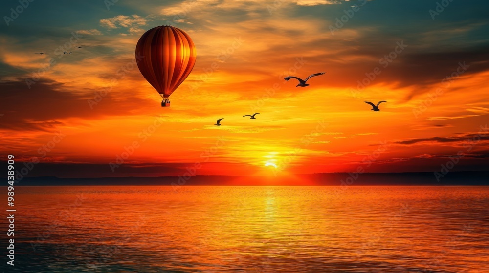 A hot air balloon floats across a vibrant sunset sky over a calm ocean with seagulls flying in formation. A hot air balloon floats across a vibrant sunset sky over a calm ocean with seagulls flying in formation.