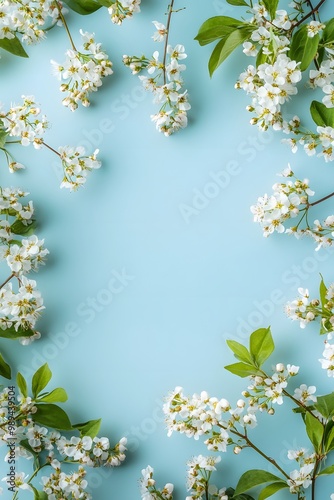 White Flowers Border On Light Blue Background
