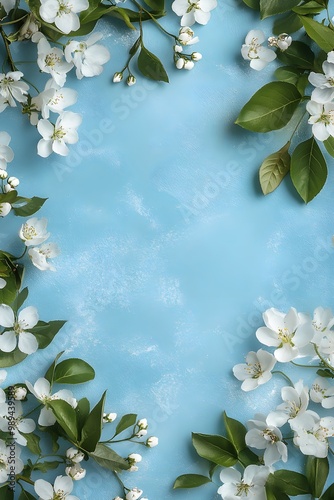 White Flowers Frame on Blue Background