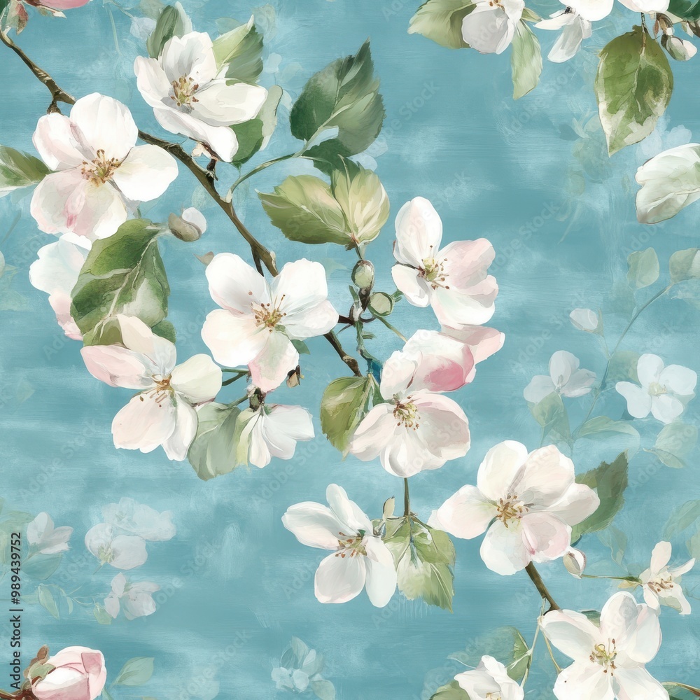 Obraz premium Vintage floral wallpaper, apple blossoms on a blue background