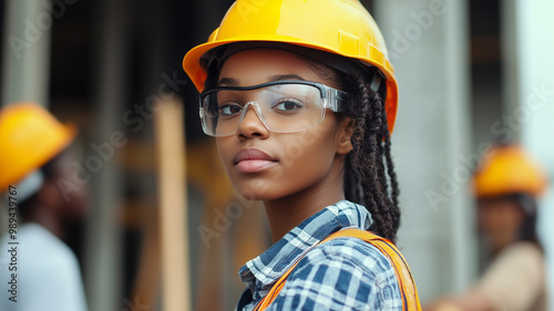 Young mixed race black african american female construction builder on construction site, some other collegues at the site. Woman in atypical profession. Female engineer with personal protective equip photo