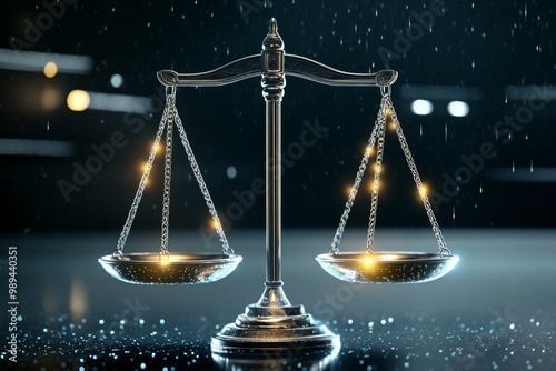 A 3D-rendered scales of justice, perfectly balanced, with glowing lights representing truth and fairness in a digital environment