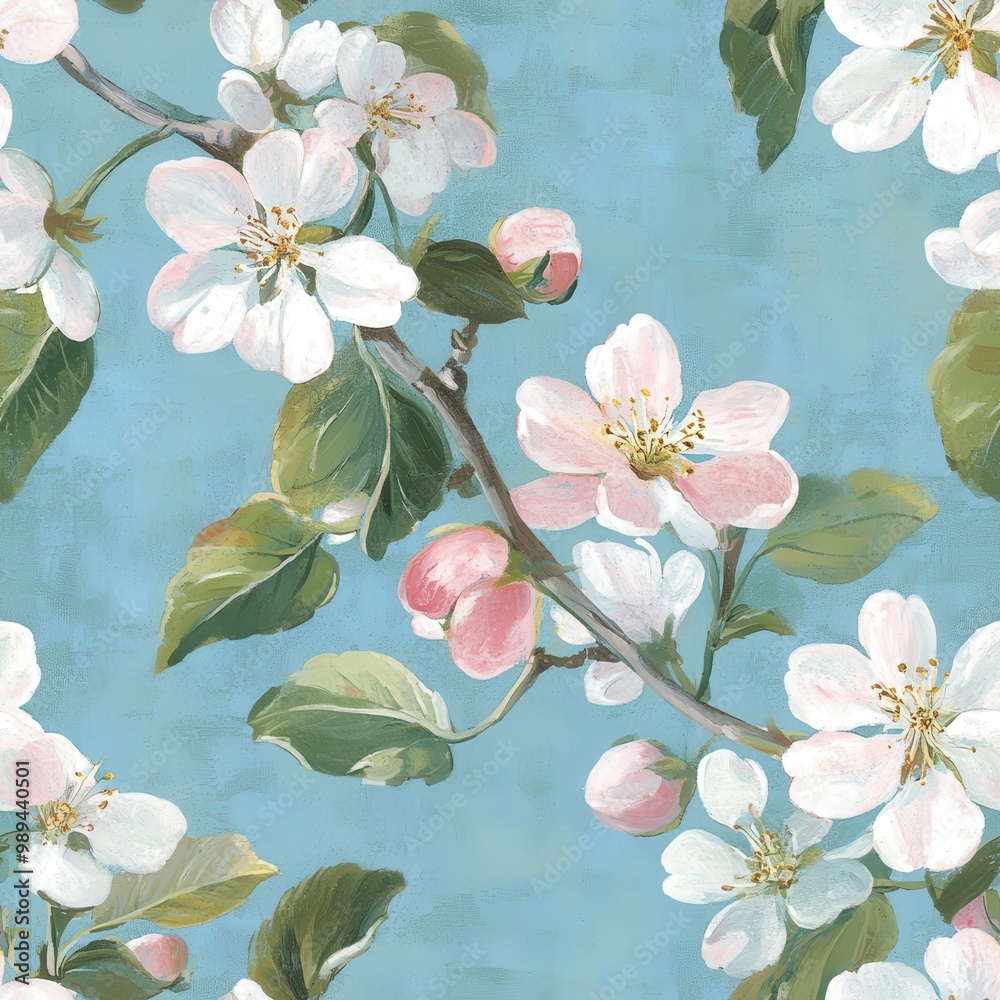 Obraz premium Vintage floral wallpaper, apple blossoms on a blue background