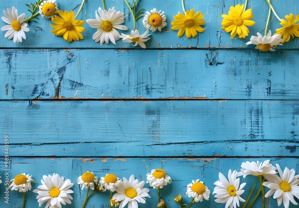 Obraz premium Blue Wooden Background With Daisies And Chrysanthemums