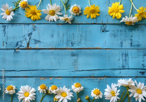 Blue Wooden Background With Daisies And Chrysanthemums