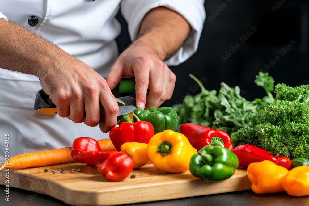 A chef chopping fresh vegetables on a wooden cutting board, with vibrant colors of peppers, carrots, and herbs A chef chopping fresh vegetables on a wooden cutting board, with vibrant colors of peppers, carrots, and herbs