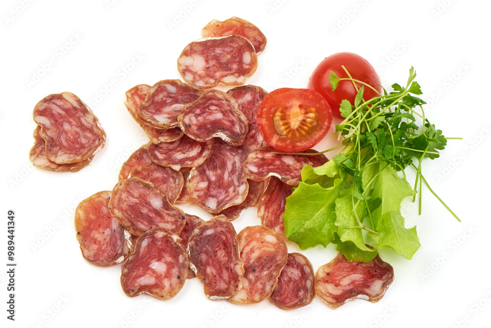 Traditional Spanish Fuet thin dried sausage, Close-up, isolated on a white background Traditional Spanish Fuet thin dried sausage, Close-up, isolated on a white background