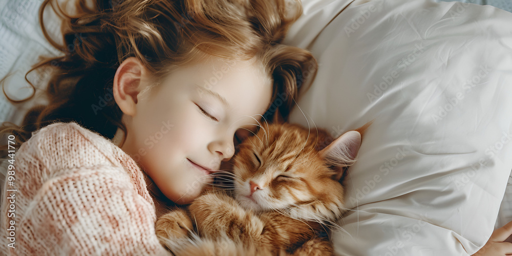 Adorable Little Girl Sleeping Peacefully Cuddling Her Fluffy Ginger Cat in a Cozy Bedroom Adorable Little Girl Sleeping Peacefully Cuddling Her Fluffy Ginger Cat in a Cozy Bedroom