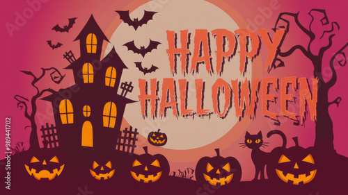 Haunted House, Happy Halloween, celebration pumpkin, ghost, bats and black cats. with Text, Full Moon spooky night mysterious forest darkness scene background.