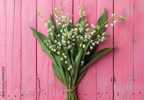 Lily of the Valley Bouquet on Pink Wooden Background