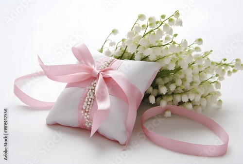 Lily of the Valley Wedding Ring Pillow with Pink Ribbon photo