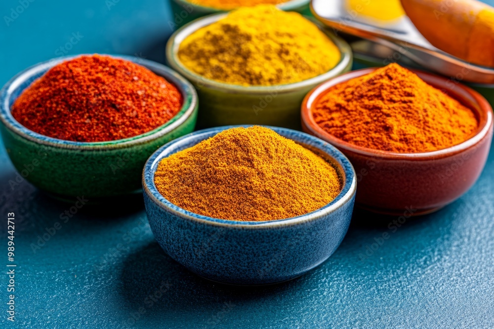 A close-up of spices being measured and mixed, with vibrant colors like turmeric, paprika, and cumin in small bowls A close-up of spices being measured and mixed, with vibrant colors like turmeric, paprika, and cumin in small bowls