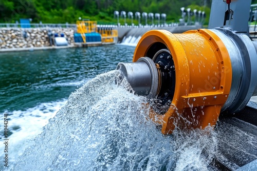 A close-up of water rushing through a turbine in a hydroelectric plant, turning natural movement into electrical energy