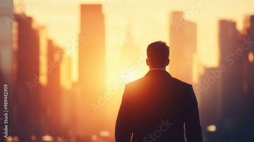 A silhouette of a man in a suit stands against a vibrant sunset over a city skyline, evoking a sense of ambition and reflection.