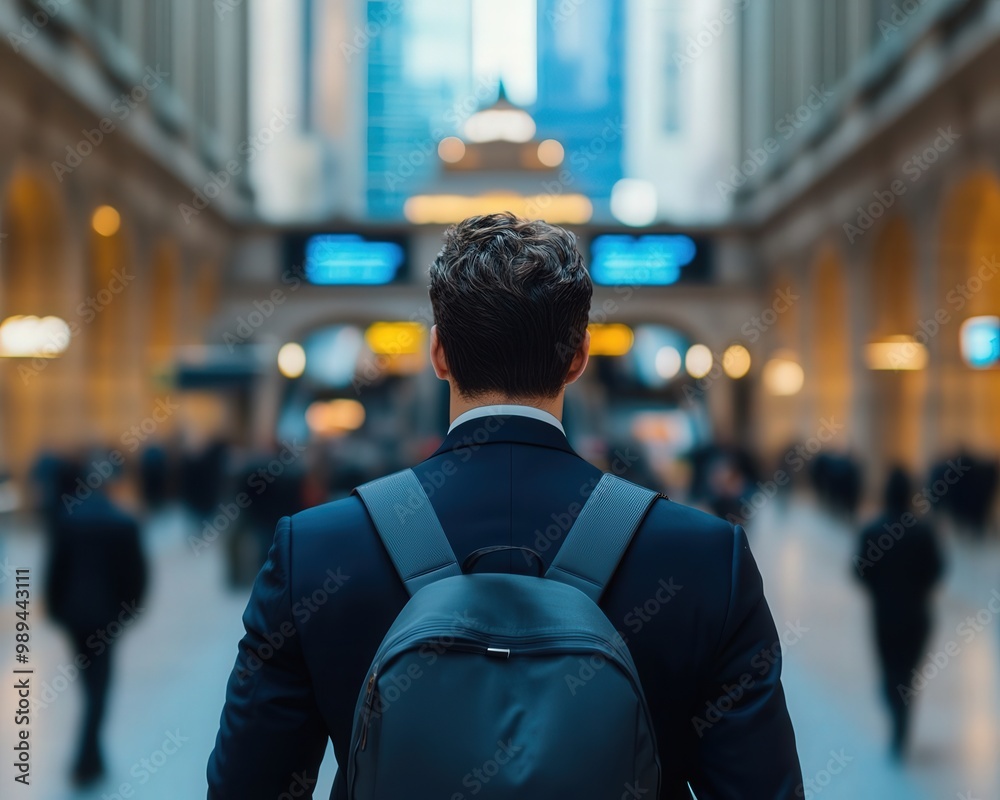 A professional man stands with a backpack, facing a bustling station, surrounded by commuters and illuminated architecture, capturing a moment of urban life. A professional man stands with a backpack, facing a bustling station, surrounded by commuters and illuminated architecture, capturing a moment of urban life.