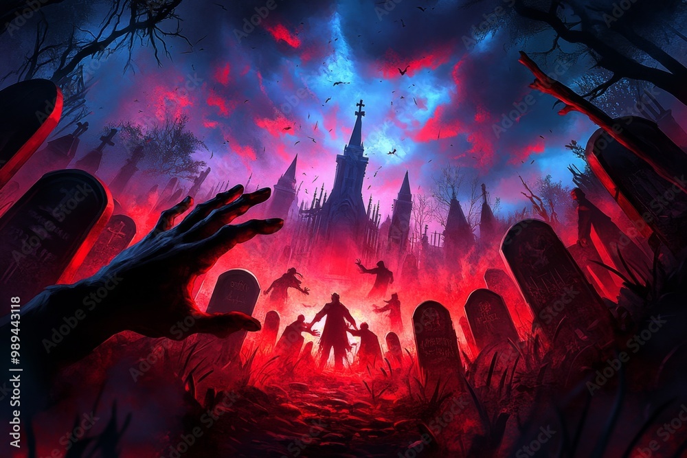 Fototapeta premium A creepy graveyard with tombstones bathed in crimson light, where shadowy figures and ghostly hands reach out from the ground, in a creepy fantasy artwork illustration