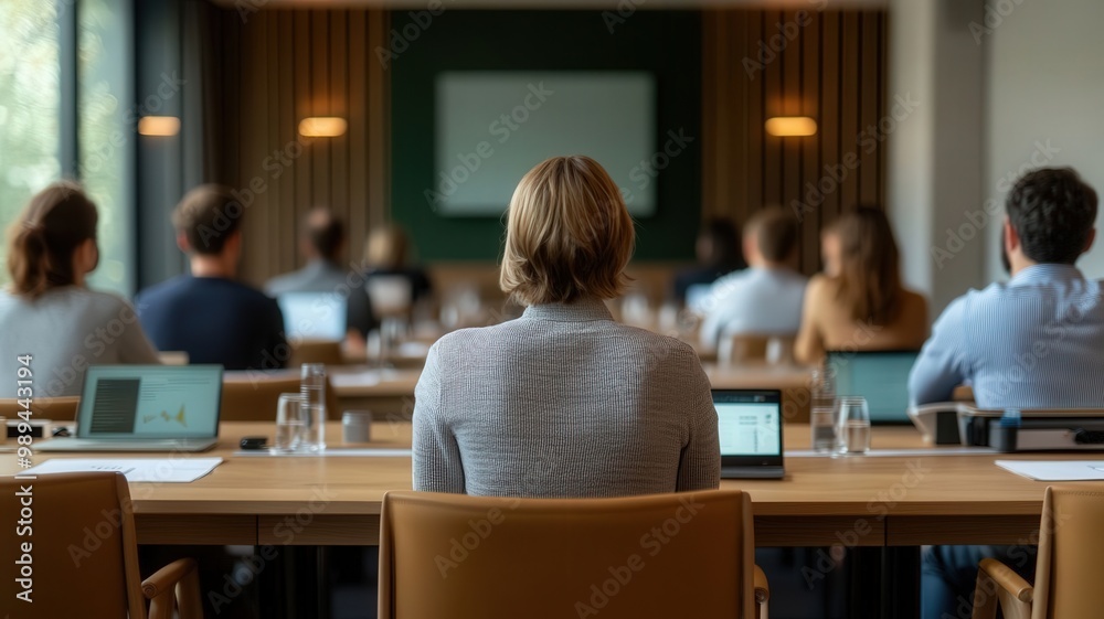 Fototapeta premium A focused audience sits in a modern conference room, engaging with a presentation on a screen ahead, emphasizing learning and collaboration.