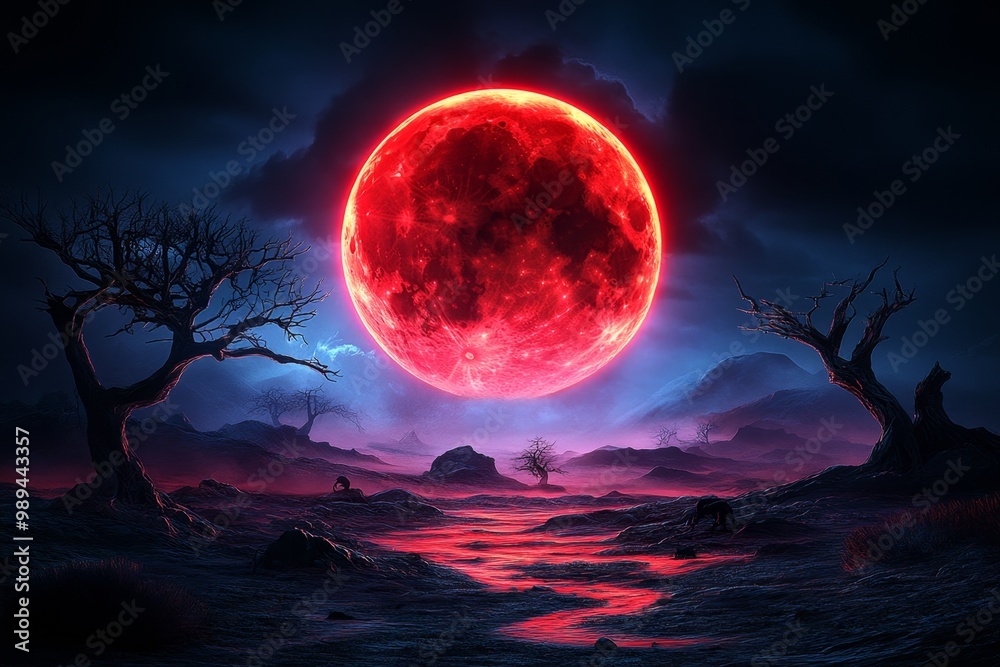 A desolate, dark landscape bathed in the eerie light of a blood-red moon, with shadowy creatures lurking in the mist, in a dark fantasy artwork illustration A desolate, dark landscape bathed in the eerie light of a blood-red moon, with shadowy creatures lurking in the mist, in a dark fantasy artwork illustration