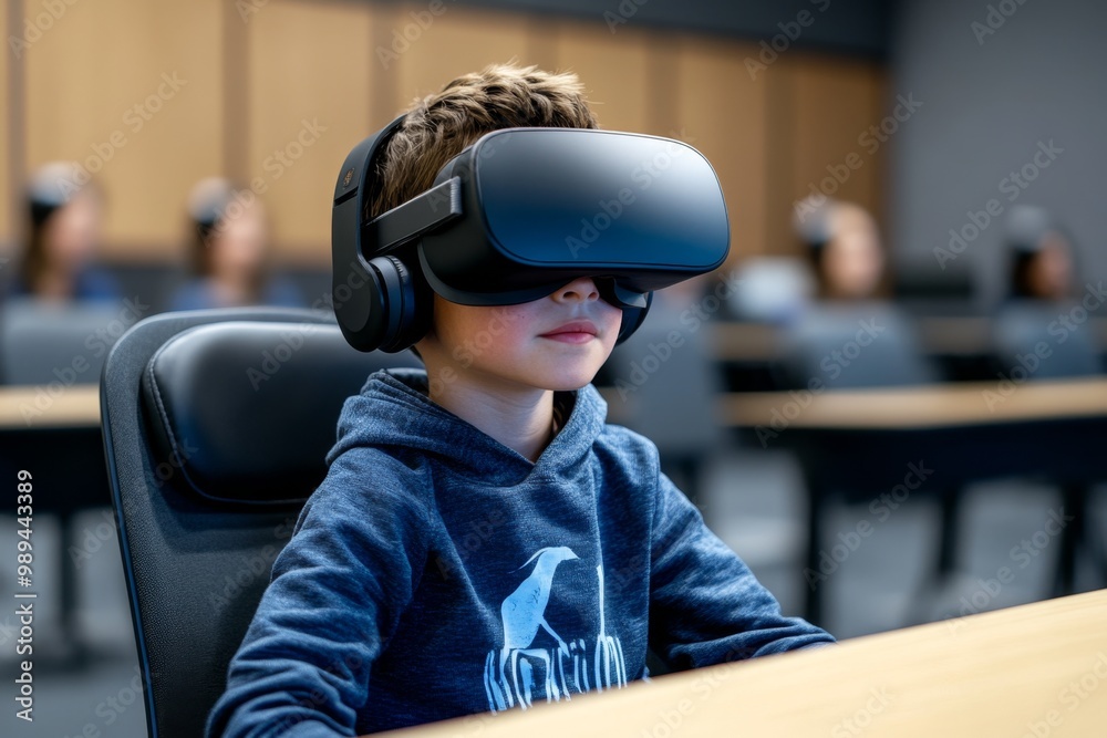 A digital classroom in a virtual reality world, where students attend lessons as avatars, interacting with the teacher and classmates in real-time A digital classroom in a virtual reality world, where students attend lessons as avatars, interacting with the teacher and classmates in real-time
