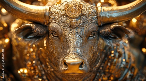 A Close-Up of a Golden Bull Statue Adorned with Jewels