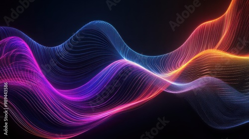 Wave lines trails flowing dynamic in diverse colors isolated on black background. Abstract futuristic background, science, digital and communication concept. Generative ai illustration