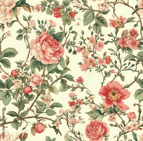 vintage-inspired floral pattern with intricate details, featuring an array of flowers in soft pastel colors