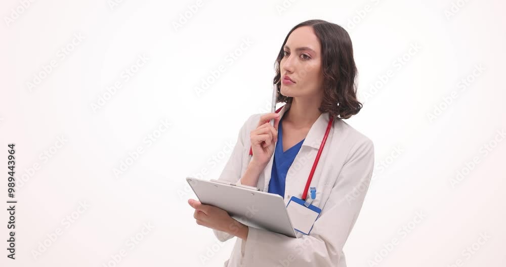 Thoughtful woman doctor in uniform holds clipboard making notes on white background. Medic with serious facial expression records patient data Thoughtful woman doctor in uniform holds clipboard making notes on white background. Medic with serious facial expression records patient data